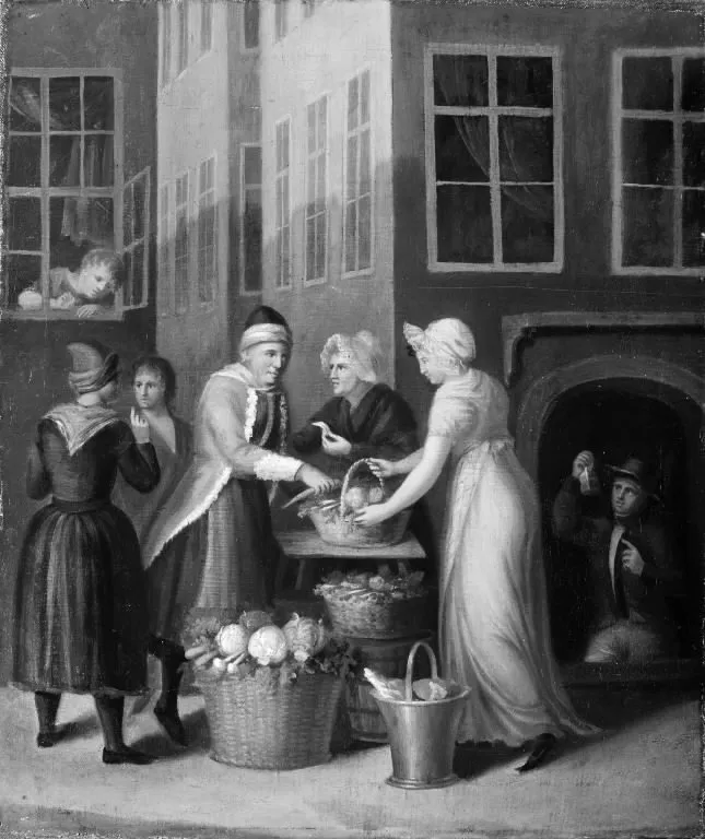 Gadescene i København ved år 1800. En pige gør indkøb af grøntsager hos Amagerkonen, by Unknown, oil, 1800