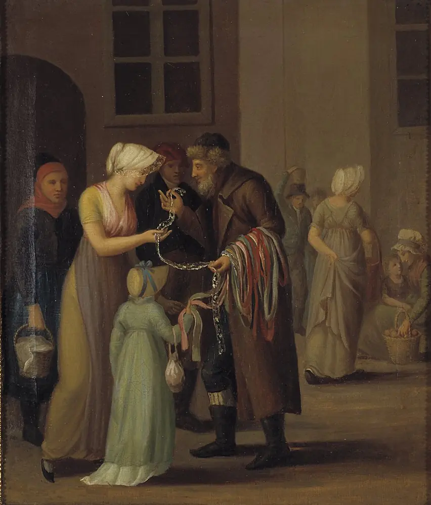 Gadescene i København ved år 1800. Piskebåndsjøden sælger en knipling til en ung pige, by Unknown
