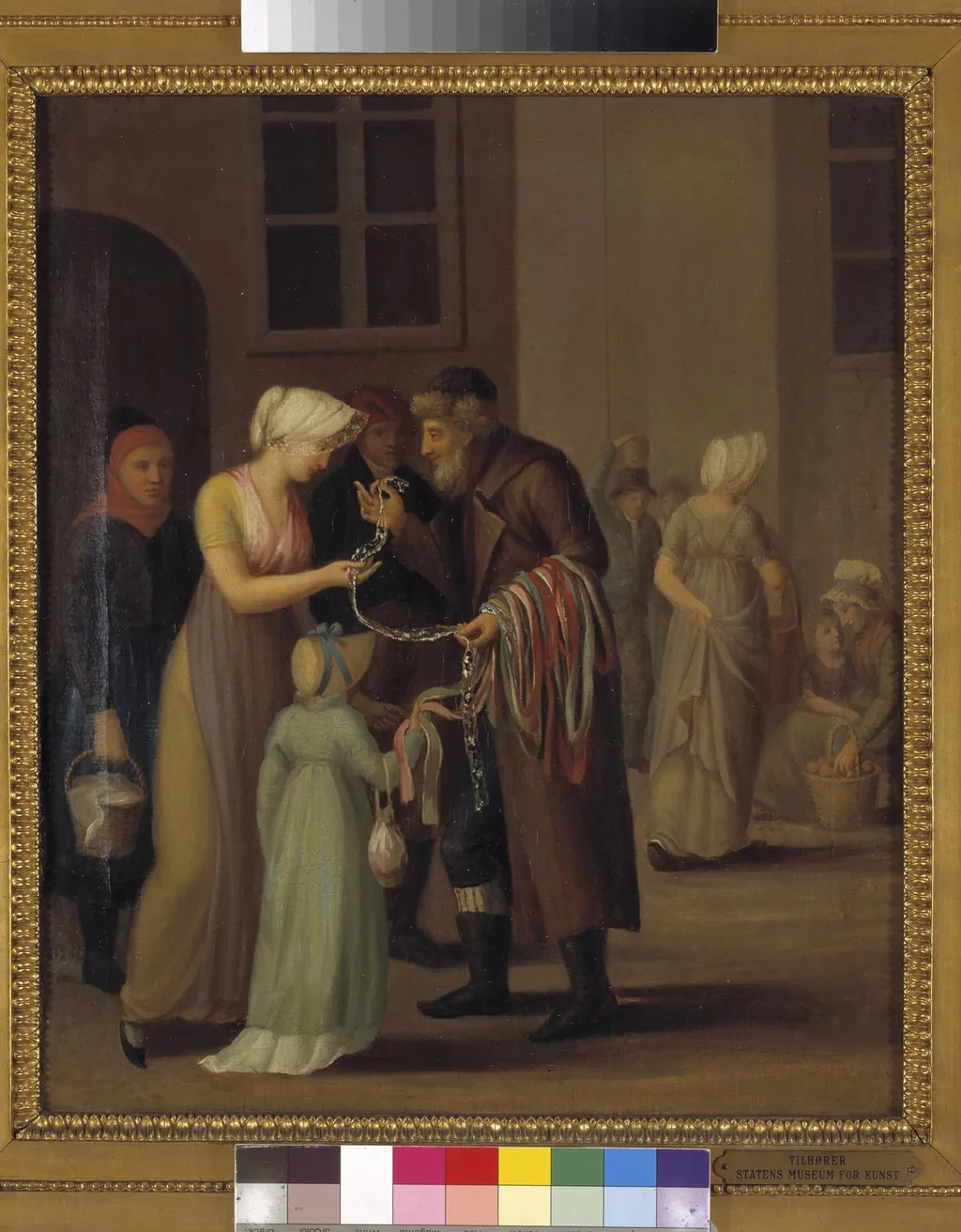 Gadescene i København ved år 1800. Piskebåndsjøden sælger en knipling til en ung pige, by Unknown, 1750