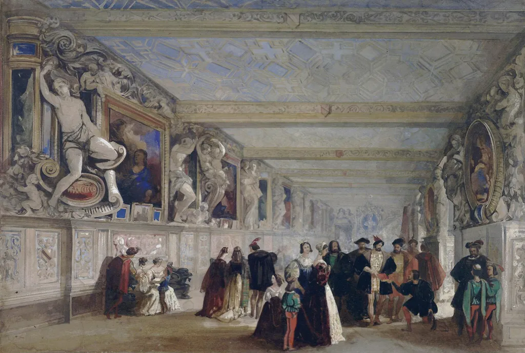 Gallery of Francis I at Fontainebleau, by Unknown, watercolor, 1838