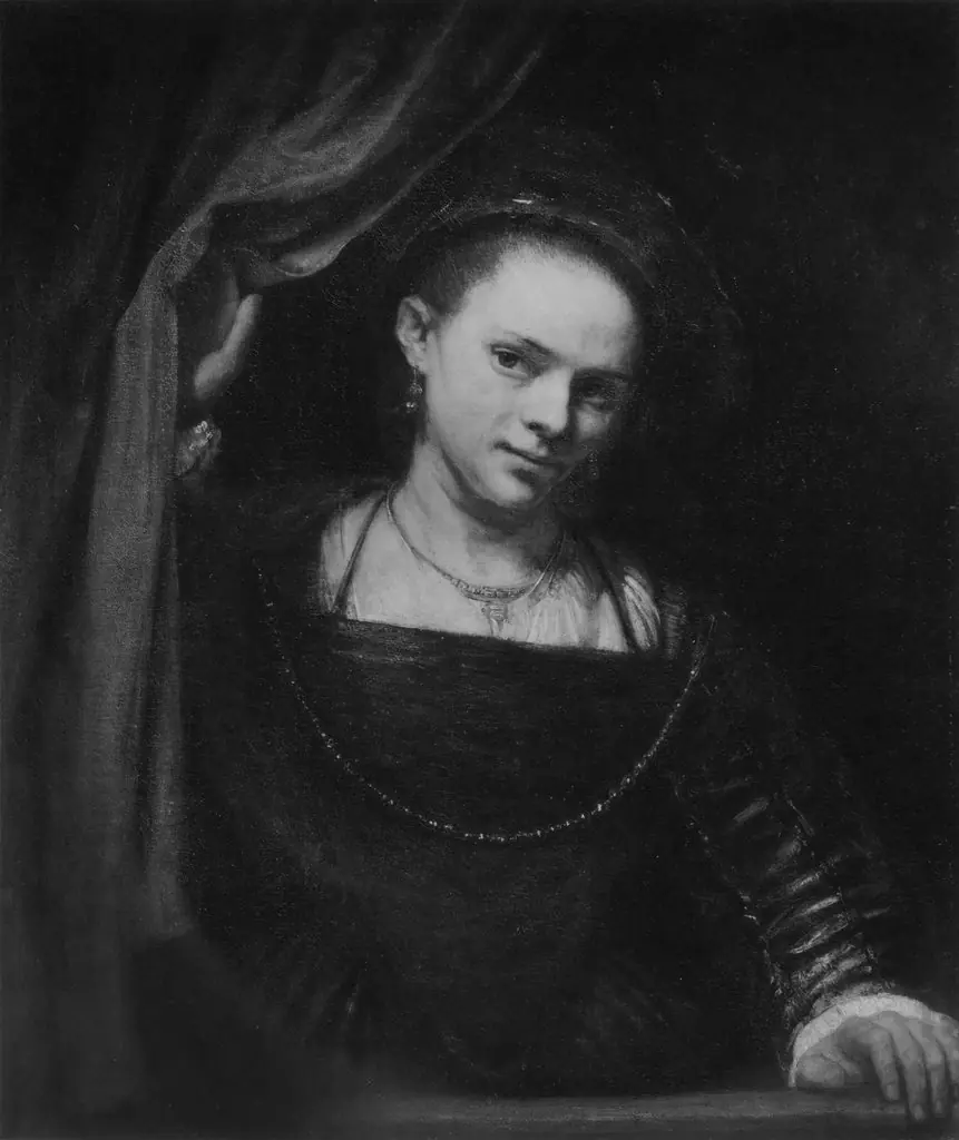 Girl at a Window holding a Curtain, by Unknown, 1660