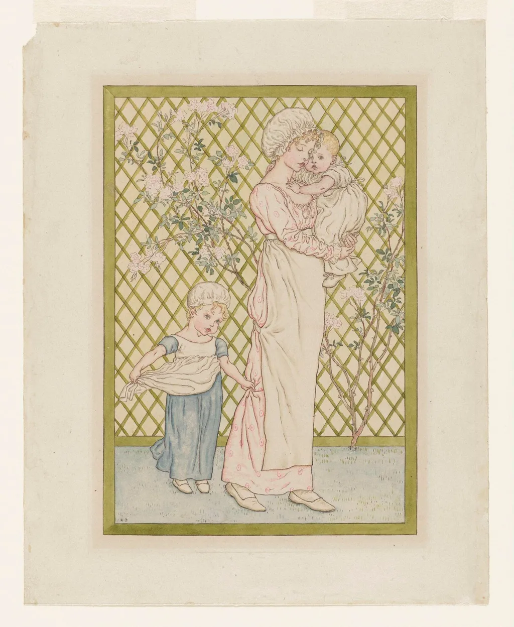 Girls and Two Babies, illustration to A Day in a Child's Life, by Unknown, watercolor, 1846