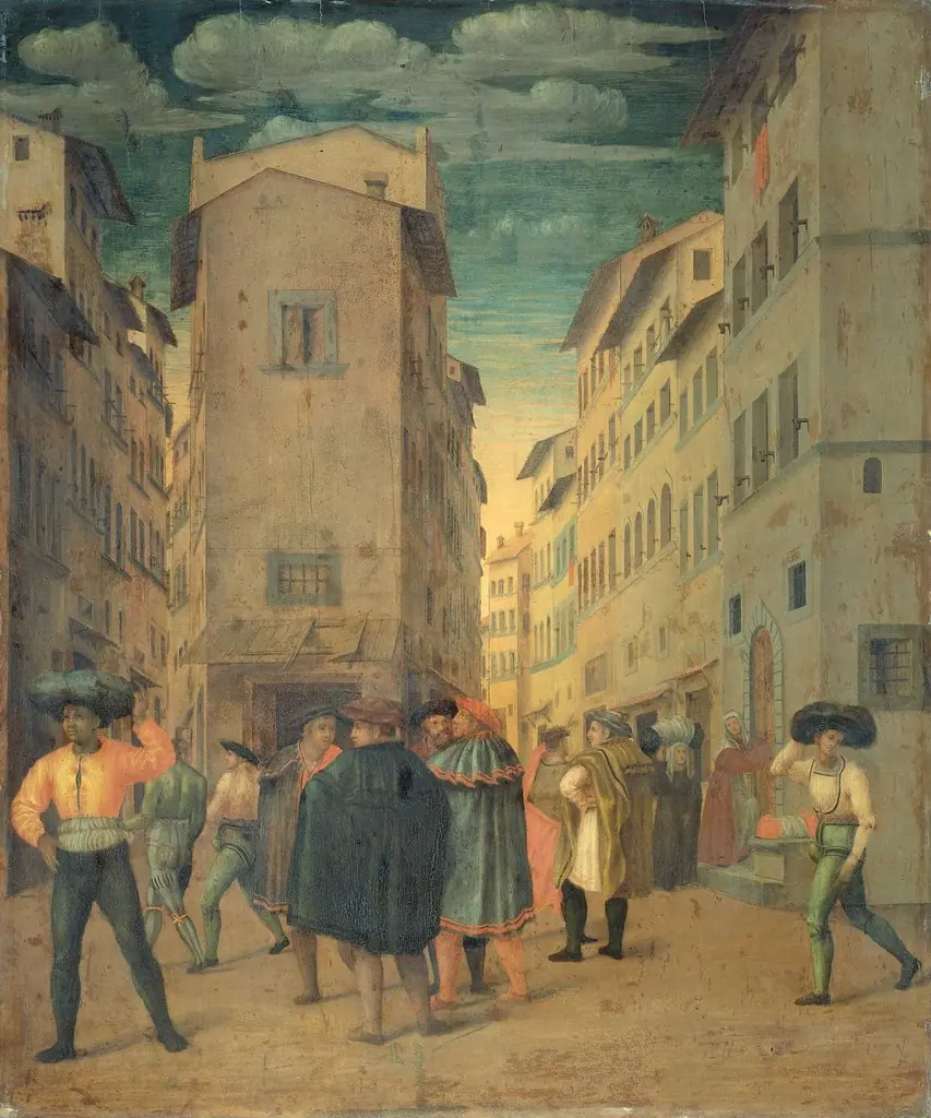 Giving shelter, one of the seven works of mercy, by Unknown