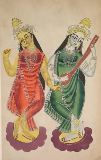 Goddesses Lakshmi and Sarasvati (verso), from a Kalighat album, by Unknown, 1890