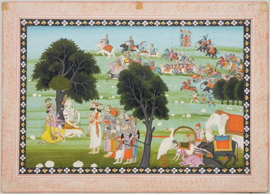 Gods Discussing Their Defeat by Demons, led by Mahishasura in Background, by Unknown