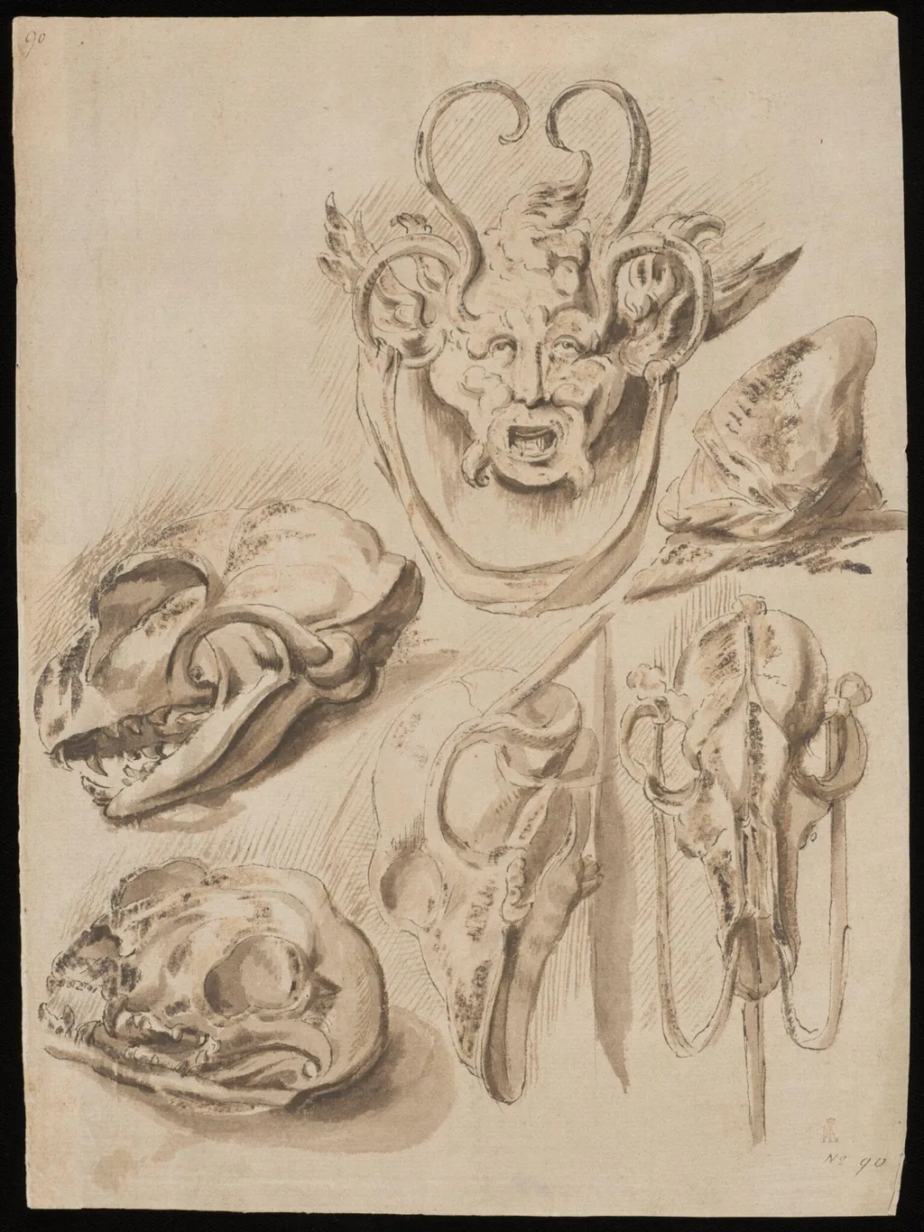 grotesque mask and animal skull, by Unknown, 1550