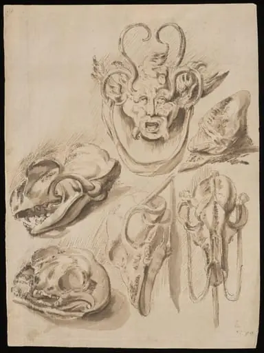 grotesque mask and animal skull, by Unknown
