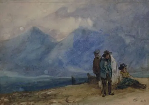 Group of figures with mountains in the background, by Unknown