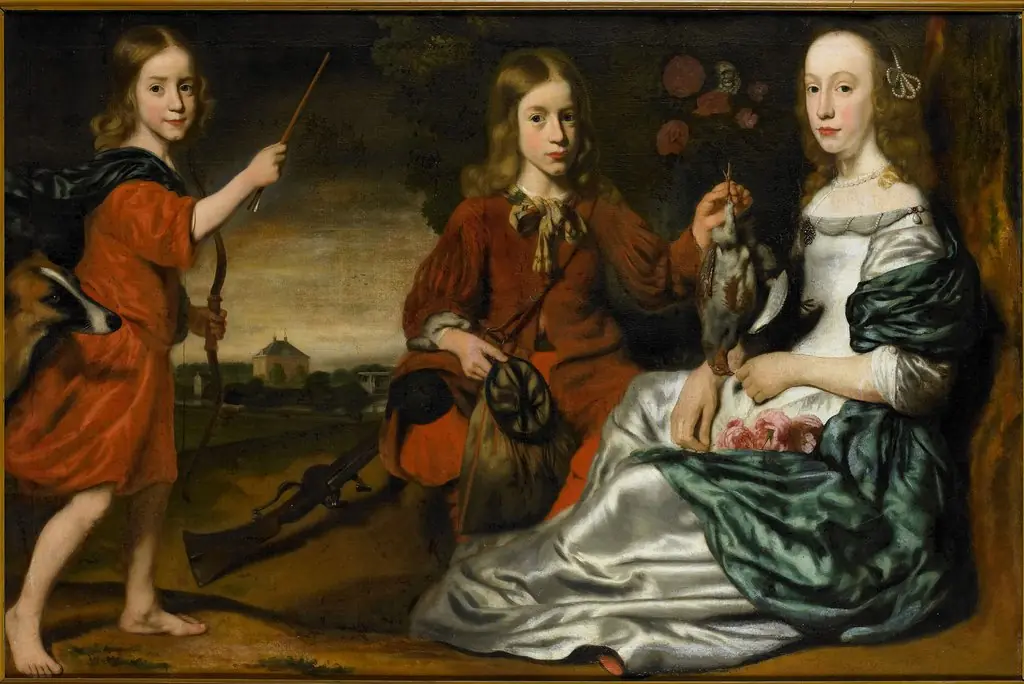 Group portrait of a young woman and two boys, dressed as hunters, in a landscape, by Unknown, 1670