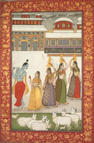 Gujari Ragini (Krishna with Gopis Playing the Flute), from a Ragamala Series, by Unknown, 1704