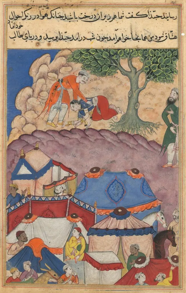 Habbaza meets Bashir under a tree, from a Tuti-nama (Tales of a Parrot): Twenty-fourth Night, by Unknown