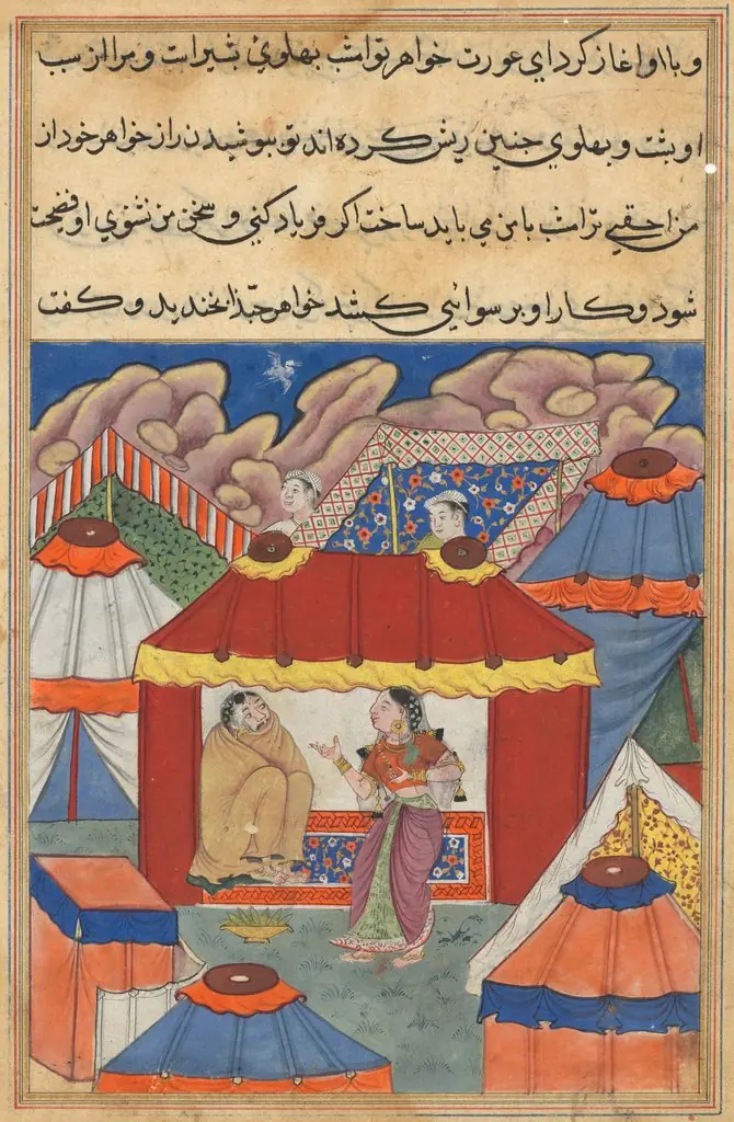 Habbaza’s sister, who is sent to console her, discovers the disguised Arab in her place, from a Tuti-nama (Tales of a Parrot): Twenty-fourth Night, by Unknown