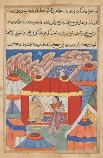 Habbaza’s sister, who is sent to console her, discovers the disguised Arab in her place, from a Tuti-nama (Tales of a Parrot): Twenty-fourth Night, by Unknown