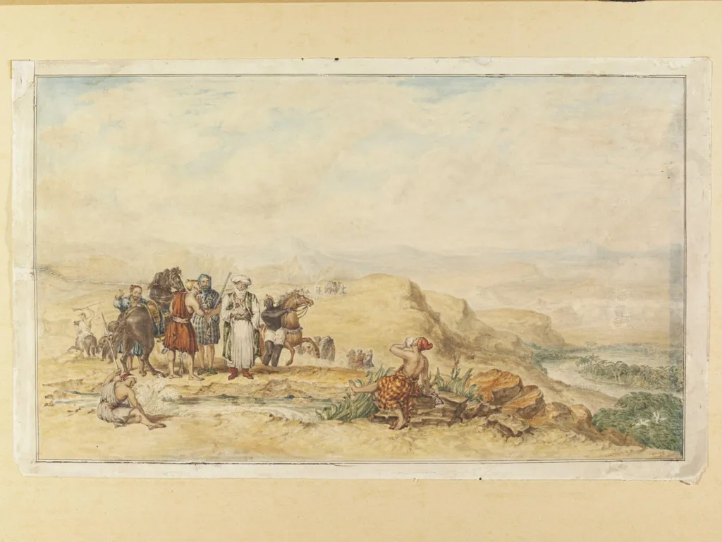 Halt at an Oasis, by Unknown, watercolor, 1726