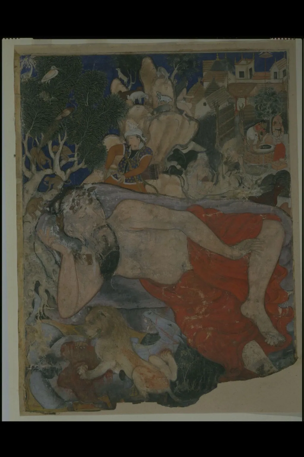 Hamza's scout Kawsadi searches for his lost steed, but finds it being devoured by a lion., by Unknown, paint, 1570