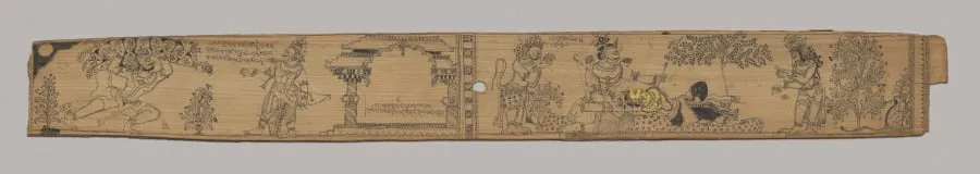 Hanuman Brings the Mountain of Healing Plants; Rama Extracts the Arrow from Lakshmana as Hanuman and a Bear Prepare to Treat Him (recto), from a Romance of Chandrabhanu and Lavanyavati of Upendra Bhanja (Indian, died 1740), by Unknown, unspecified, 1704