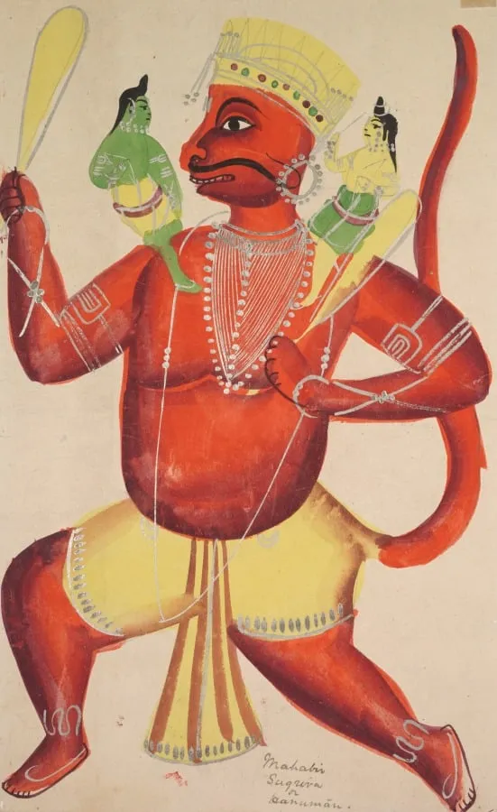 Hanuman with Rama and Lakshmana on his shoulders, from a Kalighat album, by Unknown, unspecified, 1890
