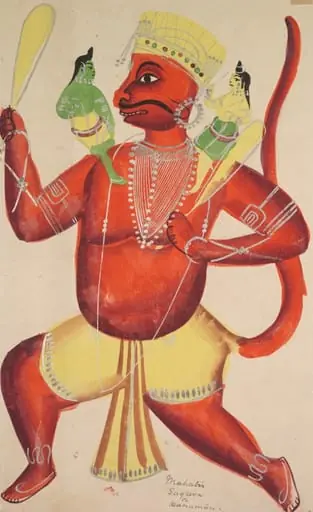 Hanuman with Rama and Lakshmana on his shoulders, from a Kalighat album, by Unknown, 1890