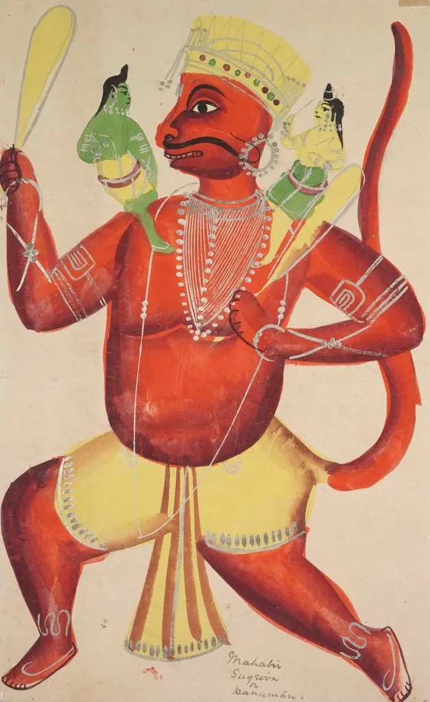 Hanuman with Rama and Lakshmana on his shoulders, from a Kalighat album, by Unknown