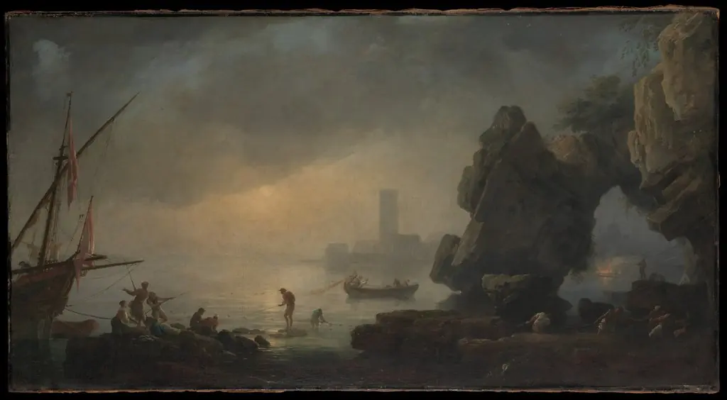 Harbor Scene with a Grotto and Fishermen Hauling in Nets, by Unknown, 1800