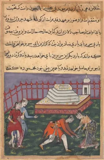 Hearing her declaration of love, Ayaz falls at the feet of Mahmuda at the holy shrine. The scene is witnessed by Salim, Ayaz’s friend, and a maid, from a Tuti-nama (Tales of a Parrot): Thirty-third Night, by Unknown