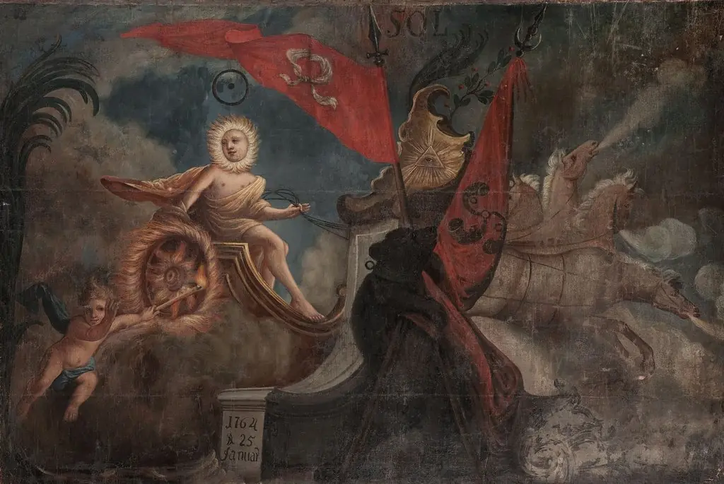 Helios on the chariot. Allegory with the coats of arms of Trąby (Woyna) and Nałęcz (Górski), by Unknown