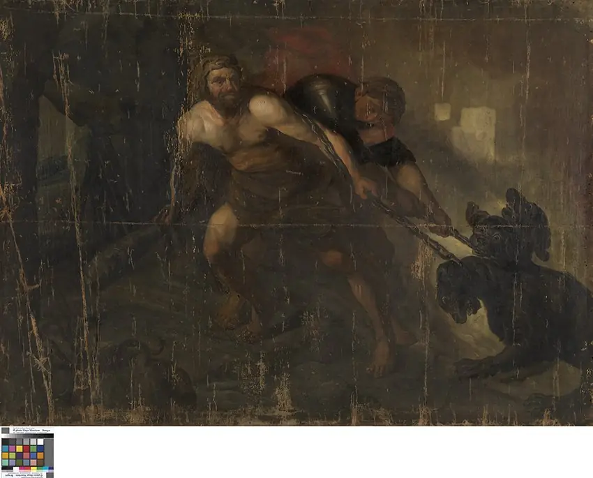 Hercules sleept Cerberus uit de hel, by Unknown