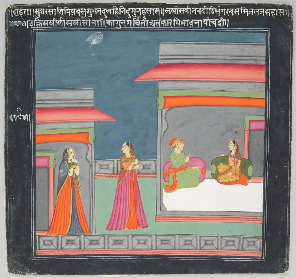 Hero and Heroine Subject: Lovers in Pavilion; Two Attendants in Courtyard, by Unknown