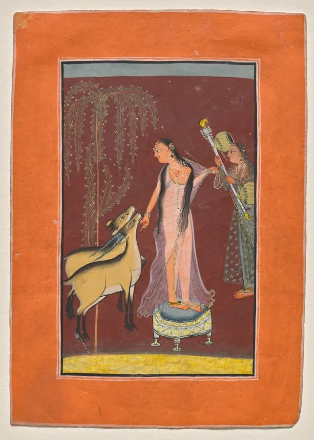 Heroine with attendant and a pair of deer, by Unknown, unspecified, 1715