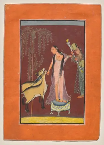 Heroine with attendant and a pair of deer, by Unknown