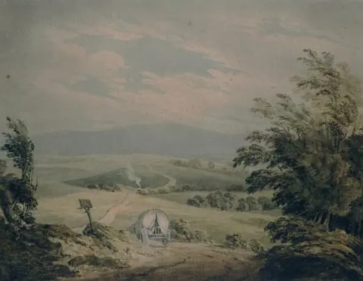 Hilly landscape with waggon, by Unknown