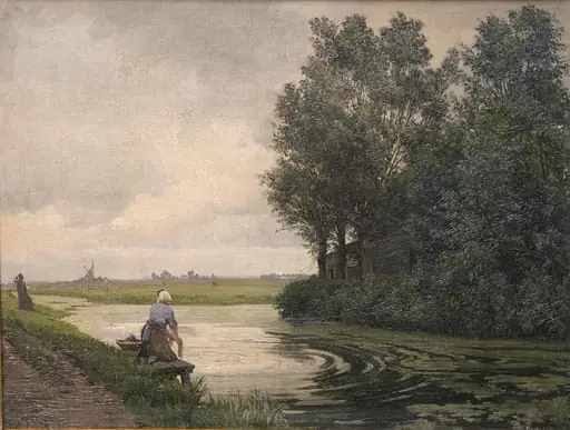 Hollandsk landskab. En pige vasker ved en kanal, by Unknown