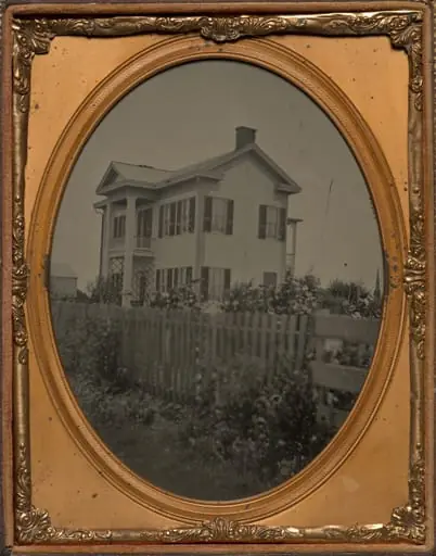 Homestead with picket fence and flowers, by Unknown