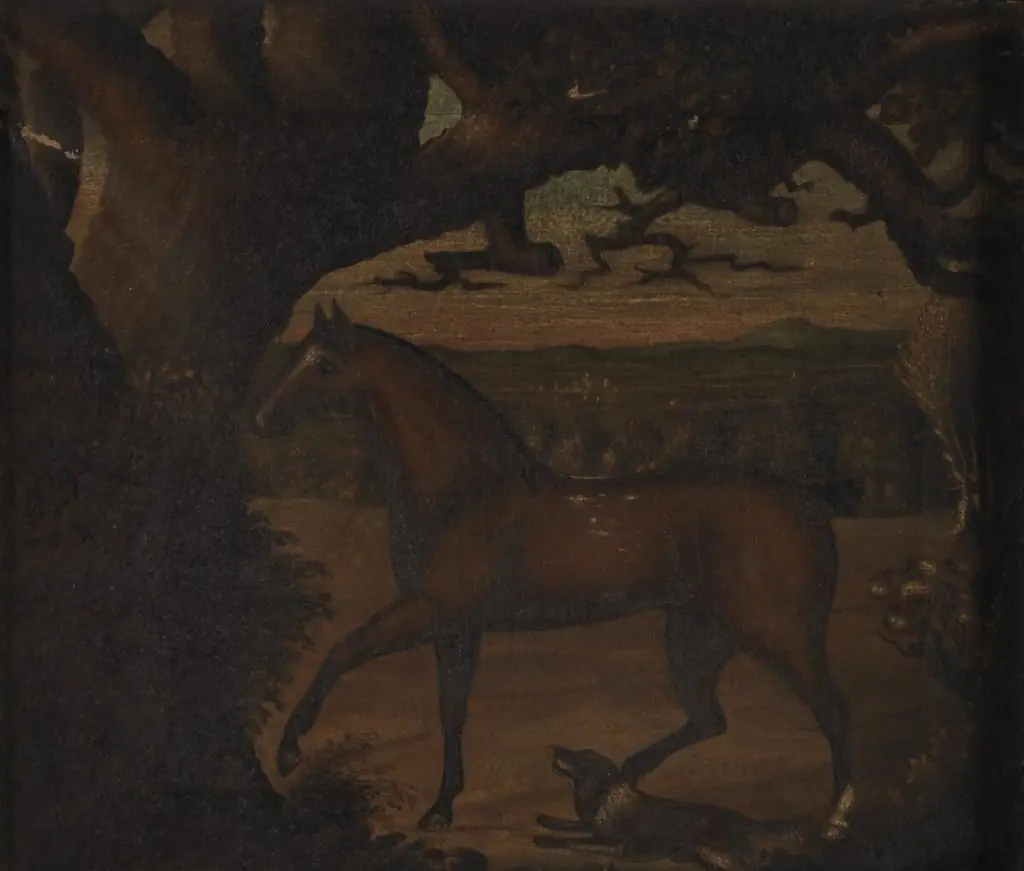 Horse and dog in landscape, by Unknown