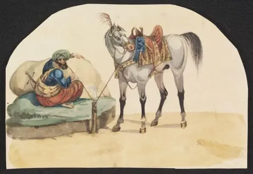 Horse and rider taking refreshments, by Unknown