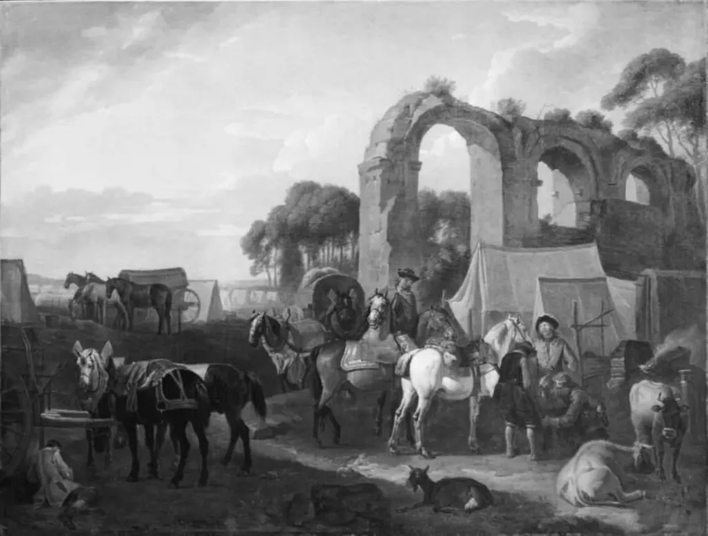 Horse Being Shoed in a Military Encampment, by Unknown, 1705