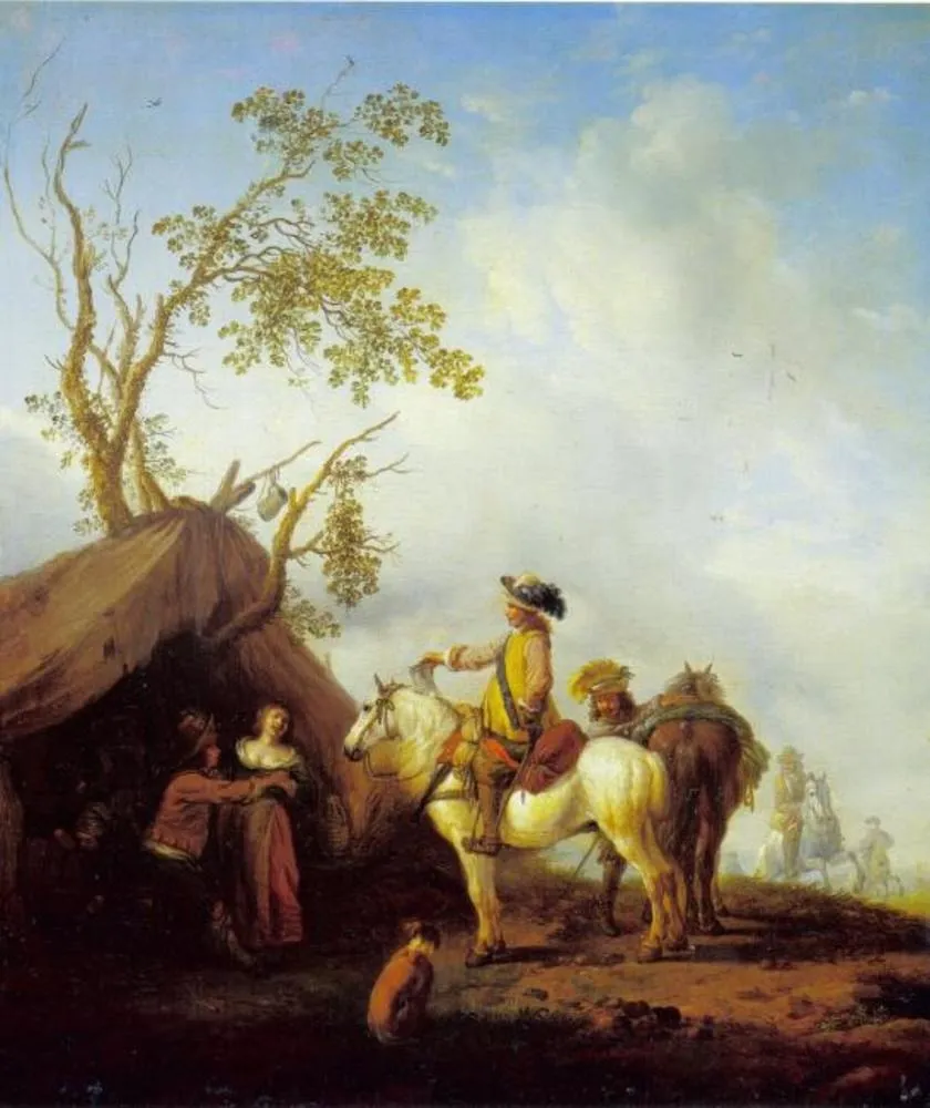 Horsemen before a Camp Follower's Tent, by Unknown, oil, 1694