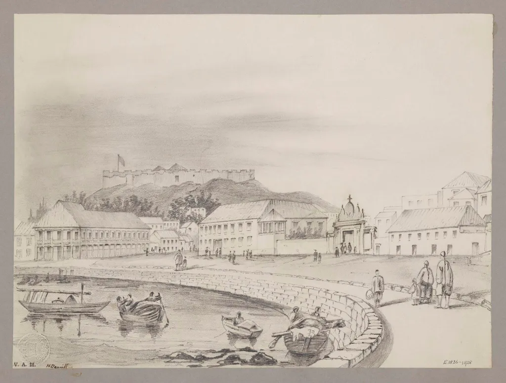 Houses of Mr. Whiteman ("the forty-pillared house") and Captain Elliott, and Monte Fort, Macao, by Unknown, 1