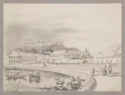 Houses of Mr. Whiteman ("the forty-pillared house") and Captain Elliott, and Monte Fort, Macao, by Unknown