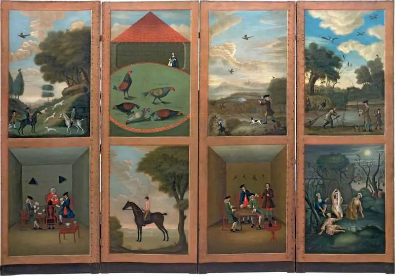 Hunting, Cock-Fighting, Card-Playing, Horse-Riding, Game-Shooting, Dice-Throwing, Fishing and Bathing (folding screen), by Unknown