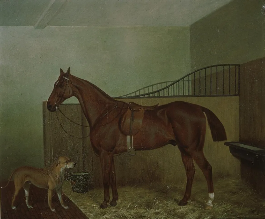 Hunting horse and dog in stable interior, by Unknown, oil, 1868