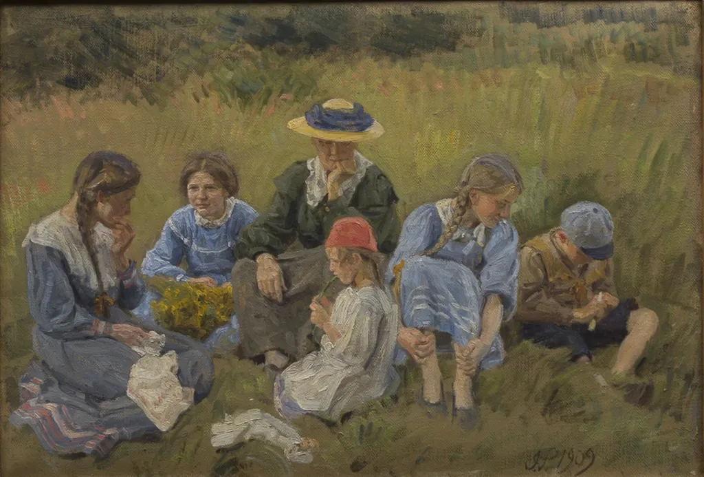 Hvile i engen. Kunstnerens hustru og børn, by Unknown, 1909