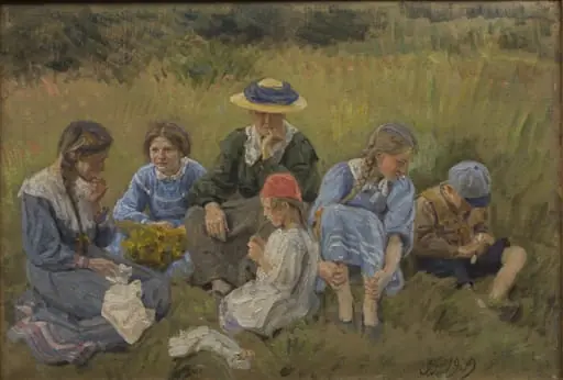 Hvile i engen. Kunstnerens hustru og børn, by Unknown