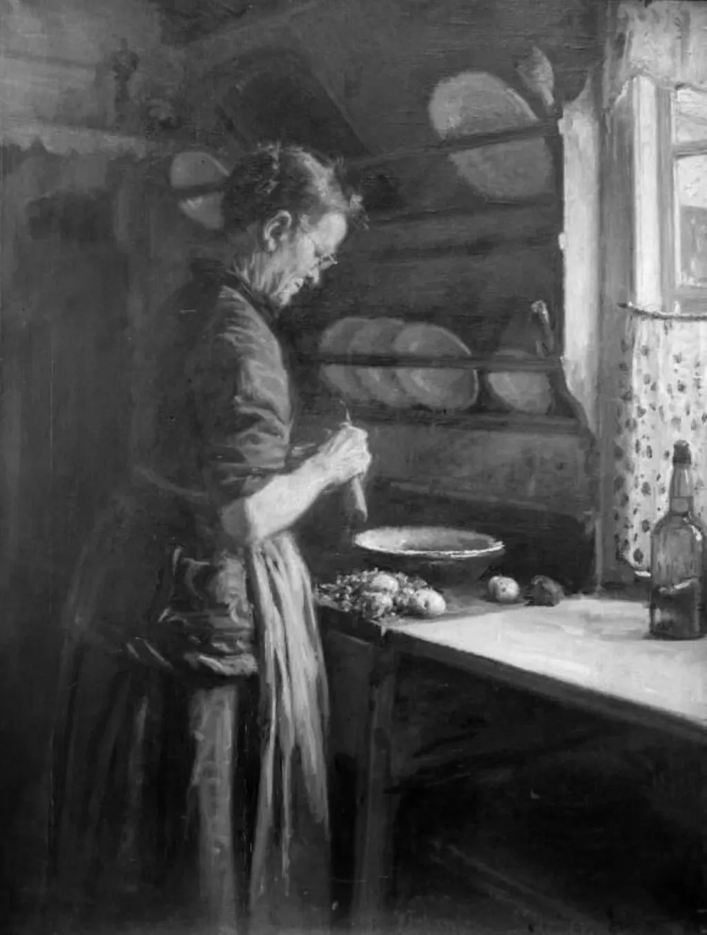 I køkkenet. Tante Nanna skræller kartofler, by Unknown, 1884