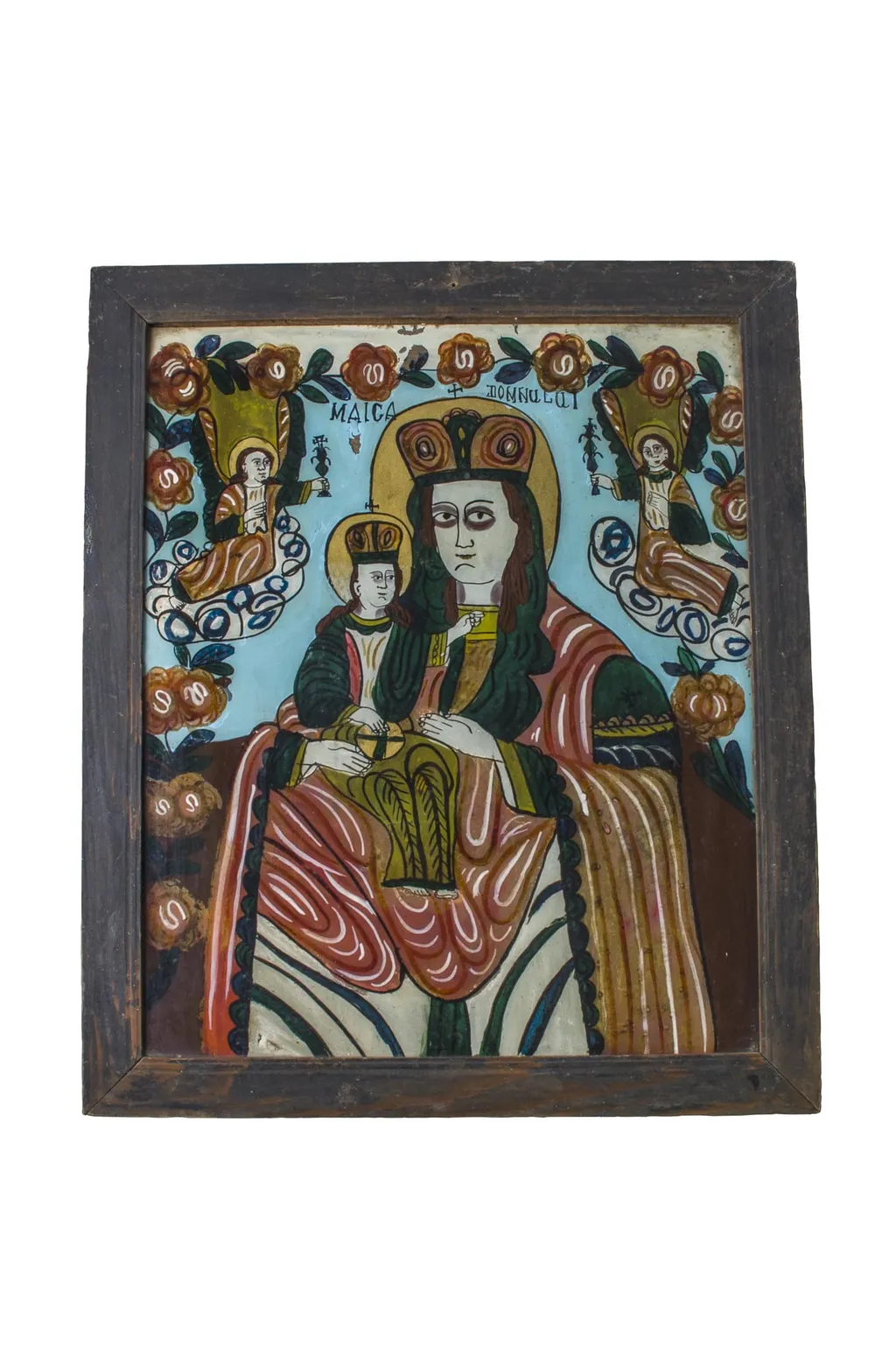 Icoana este pictată pe sticlă. Imaginea o înfatișează pe Maica Domnului cu Iisus în brațe, cu doi îngeri de o parte și alta printre flori, cu excepția părții de jos. Pe părțile laterale se află un chenar de flori și frunze. Cromatica: fond: albastru deschis; alb; maro; negru; verde; galben., by Unknown, 1850