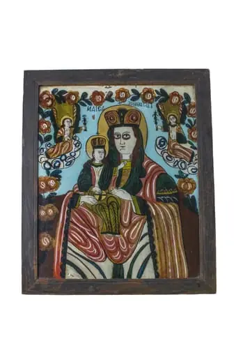 Icoana este pictată pe sticlă. Imaginea o înfatișează pe Maica Domnului cu Iisus în brațe, cu doi îngeri de o parte și alta printre flori, cu excepția părții de jos. Pe părțile laterale se află un chenar de flori și frunze. Cromatica: fond: albastru deschis; alb; maro; negru; verde; galben., by Unknown, 1850