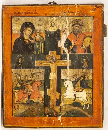 Icoană în patru registre, în centru Iisus Răstignit, by Unknown