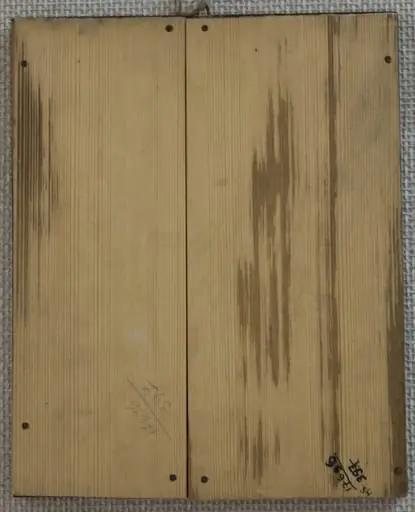 Icoana reprezintă Botezul lui Isus Hristos, care se prăznuiește pe 6 ianuarie("Boboteaza") Iisus Hristos, în picioarele goale, cu un ștergar verde în jurul mijlocului, brațele încrucișate pe piept, primește botezul cu apă de la Sfântul Ioan Botezătorul. care ține în mână o cruce mică. Acesta este înveșmântat cu o mantie roșie și tunică verde. De partea cealaltă a lui Isus,Arhanghelul Gavriil cu un ștergar pe brațe. Veșminte în culori colmplementare, roșu - orange cu verde. Aureolele sunt realizate cu foiță de aur. Deasupra lor, într-un semicerc de nori, Sf Duh. Din rațiuni de cromatică, zugravul i-a pictat aripile porumbelului alb cu verde și cafeniu.În colțurile superioare sunt nori umbriți, cromatica sugerând corespondența planului terestru(apa) cu cel celest. Scena se petrece pe malul Iordanului. Icoana are caracteristicile specifice picturii niculene: stângăcia, simplitatea și primitivismul desenului; compoziția sumară, redusă la extrem, intensitatea culorilor. Rama profilată, culoarea lemnului natur, "dosar"(capac) din lemn., by Unknown