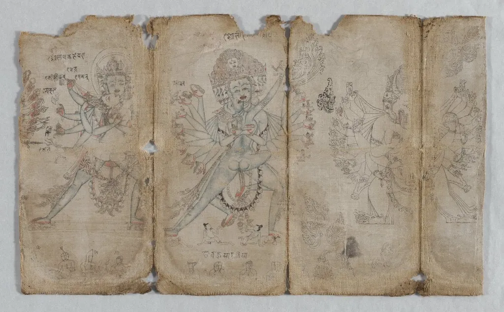 Iconographic Drawings: Chakrashamvara with Vajravarahi, Hevajra with Nairatmya, and Yamantaka (verso), by Unknown, 1500