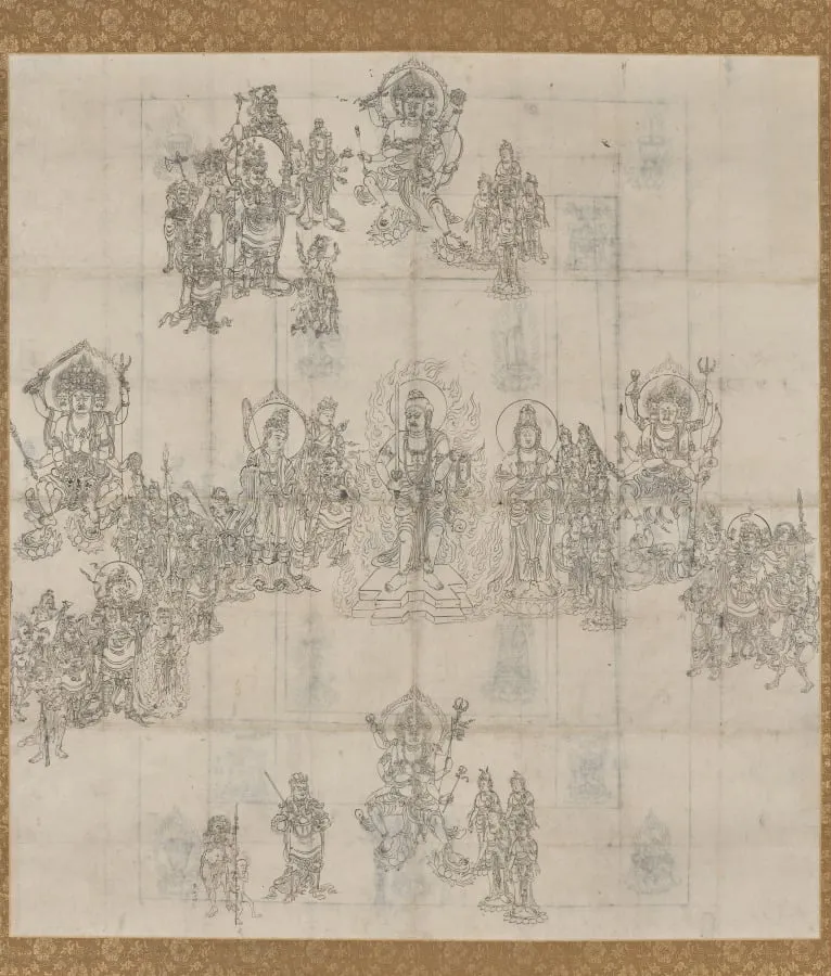 Iconographical Sketch (Zuzō) for the "Benevolent Kings Sutra Mandala", by Unknown, unspecified, 1104